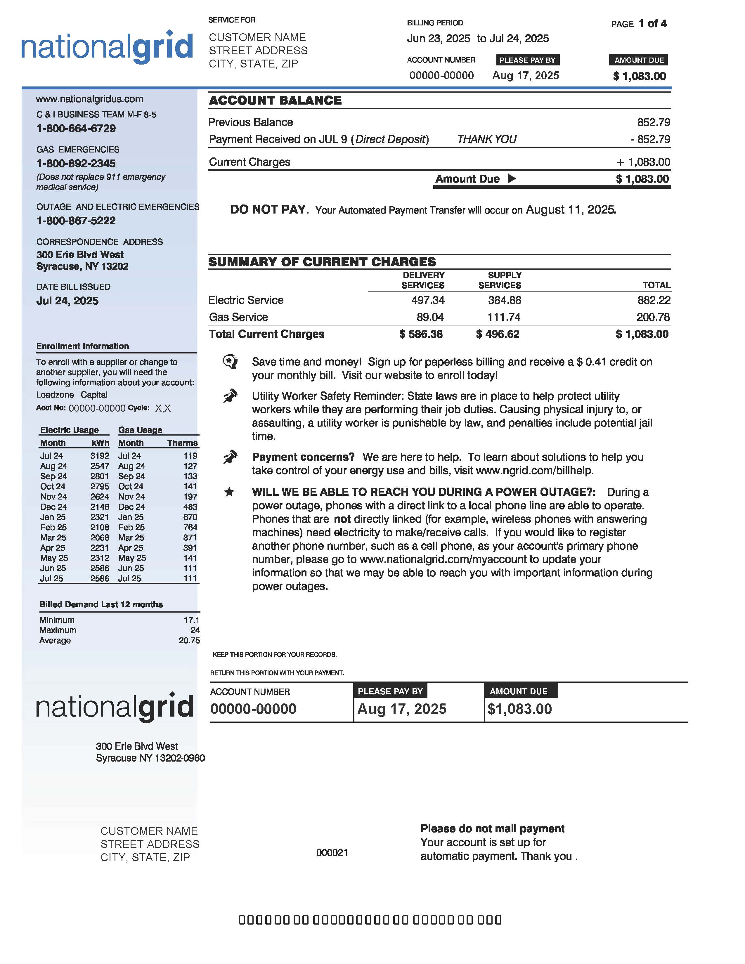 Upstate NY Sample Bill Page 1